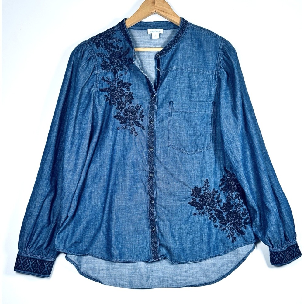 Sundance Blouse Womens XL Blue Chambray Embroidered Floral Snap Button Western